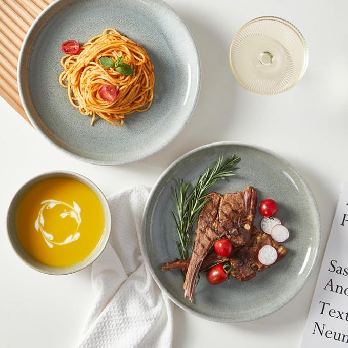 24 Piece Dinnerware Sets for 8, Modern Stoneware Plates and Bowls Sets, Perfect for Family Gatherings & Holiday Celebrations, Easy Cleaning Dishes, Stack Compactly Plate Set, Gradient Green