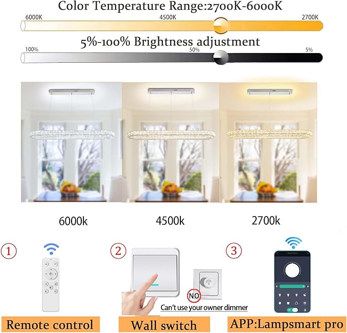 Oval Crystal Chandelier, 55'' Chrome Crystal Ring Pendant Light for Kitchen Island Modern Linear Oval Chandeliers for Dining Room Dimmable 3000K-6000K