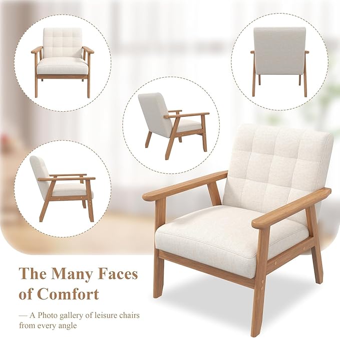 Westice Accent Chair 1PC, Mid-Century Modern Living Room Chairs with Solid Wood Frame & Soft Thicken Cushion, Upholstered Reading Arm Chair for Bedroom, Balcony, Beige Linen Fabric & Natural Legs