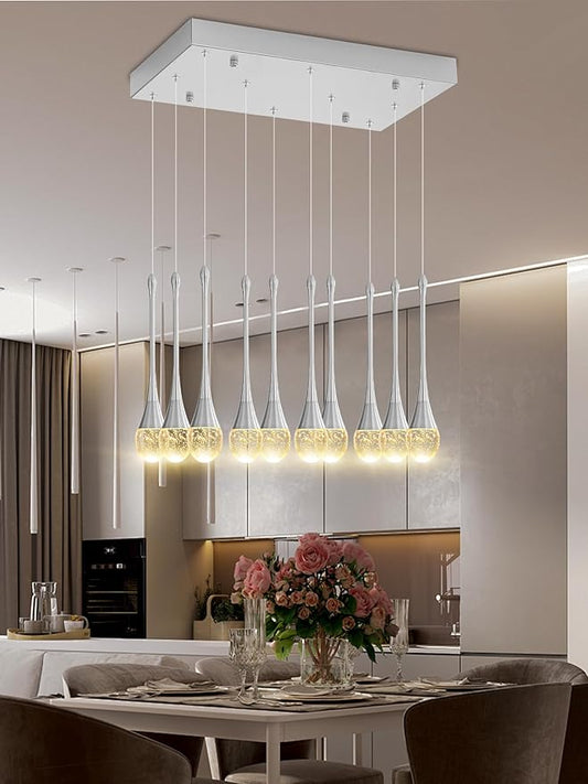 Rectangular Chandeliers for Living Room Silver Dining Room Lights Fixture Raindrop Pendant Lights Kitchen Island Crystal Chandelier for Staircase Hallway Foyer Entryway