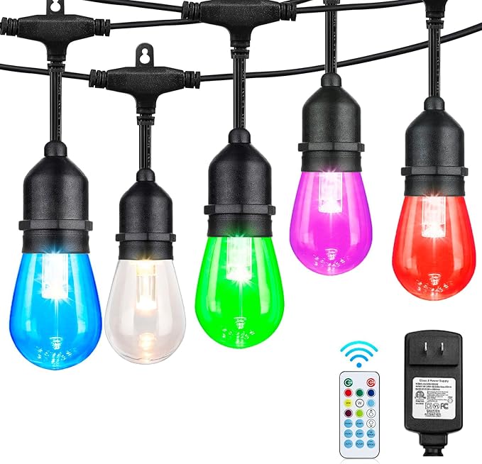 48FT RGB Outdoor String Lights, 15 Shatterproof Edison LED Bulbs, Waterproof Color Changing Patio Lights with Remote. Dimmable Decorative Lighting for Backyard, Camping.