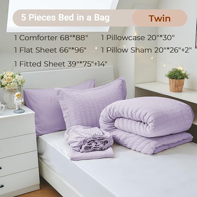 MUXHOMO 5 Pieces Twin Comforter Set, Seersucker Bed in a Bag Twin Size, All Season Luxury Bedding Set with Comforter, Flat Sheet, Fitted Sheet, Pillowcase & Sham, Lavender