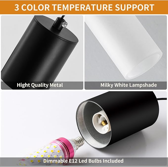 Cluster Pendant Lighting Fixture Black 3-Light Modern Hanging Dining Table Light with Milky White Lampshade LED Pendant Lights for Kitchen Island Dining Room Adjustable Height, 3000K-6000K