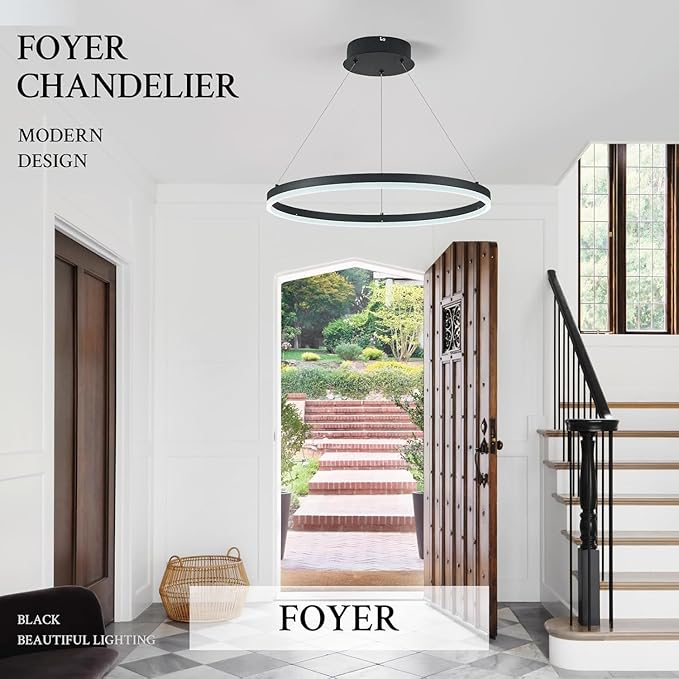 Modern LED Pendant Lighting 24'' Ring Chandelier Black Dimmable LED Chandelier for Dining Room 36W Adjustable Pendant Light Fixture for Living Room Bedroom Home Office Foyer, 3000-6500K