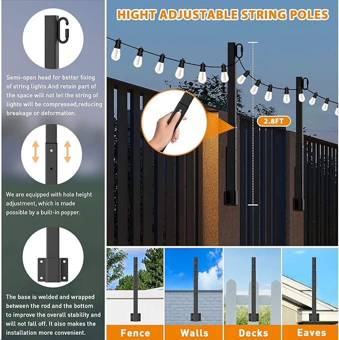 zoegi 8 Pack 2.8FT String Light Poles,Light Poles for Outside Lights with Fork,Outdoor Brackets Hanging Lights,Metal Stand for Deck Patio,Backyard,Wedding,Deck,Party