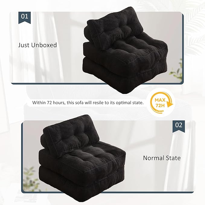 Folding Chair Bed, Futon Sofa Bed, Floor Couch for Adults Chair Bed for Living Room, Lounge Sofa, Convertible Sofa Bed, Small Couches for Small Spaces, Black