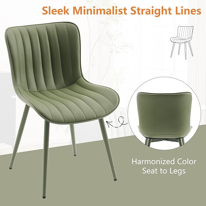 YOUNUOKE Mid-Century Modern Dining Chairs Set of 2, Green PU Leather Upholstered Kitchen Chairs with Green Metal Legs, Armless Accent Chair for Dining Room, Guest Reception Room