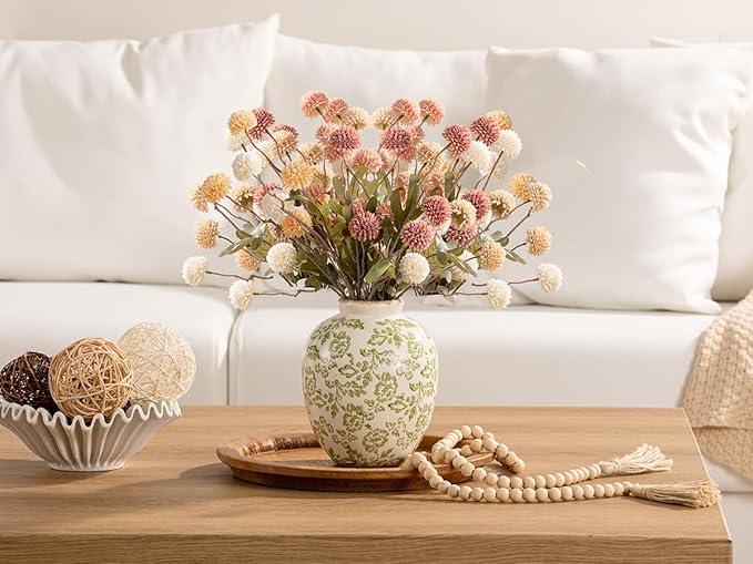 Ceramic Vintage Vase, Green Flower Decorative Vase Chinoiserie Decor Rustic Farmhouse Retro Floral Vases for Table Bookshelf Mantel Kitchen Living Room Office- 7.8inch