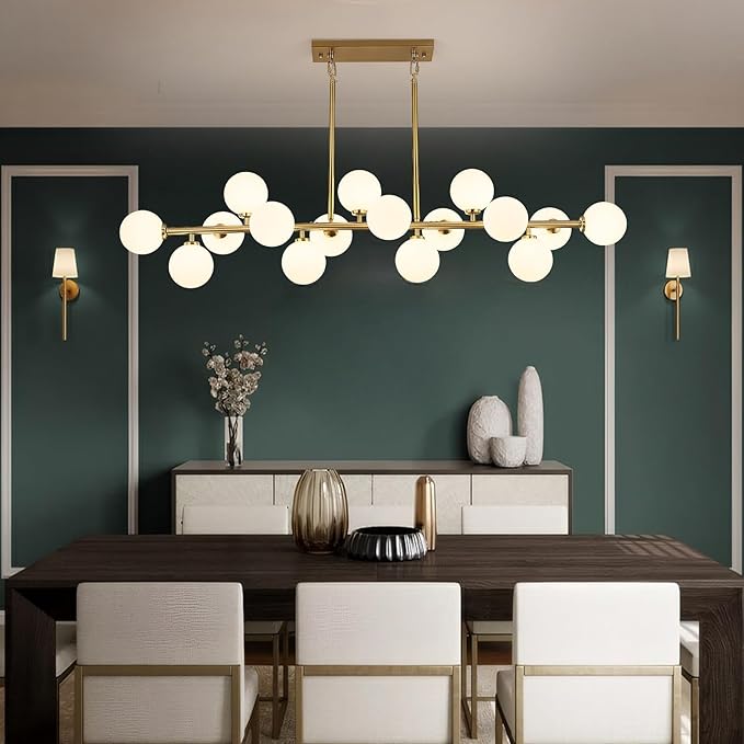 Mid Century Modern Chandelier 55in Linear Gold Pendant Lighting Fixture Linear Chandeliers for Kitchen Island, Dining Room 16-Light