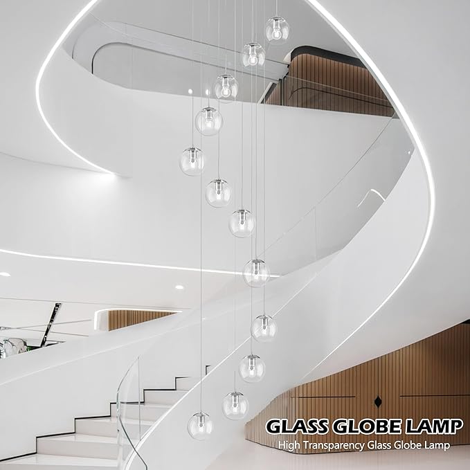 KoKo&Yukina 12-Light Nickel Mid Century Modern Chandelier for Living Room Staircase Chandelier for Entryway Clear Globe Glass Chandelier High Ceiling Chandeliers Foyer Entryway (Bulb & Remote Incl.)