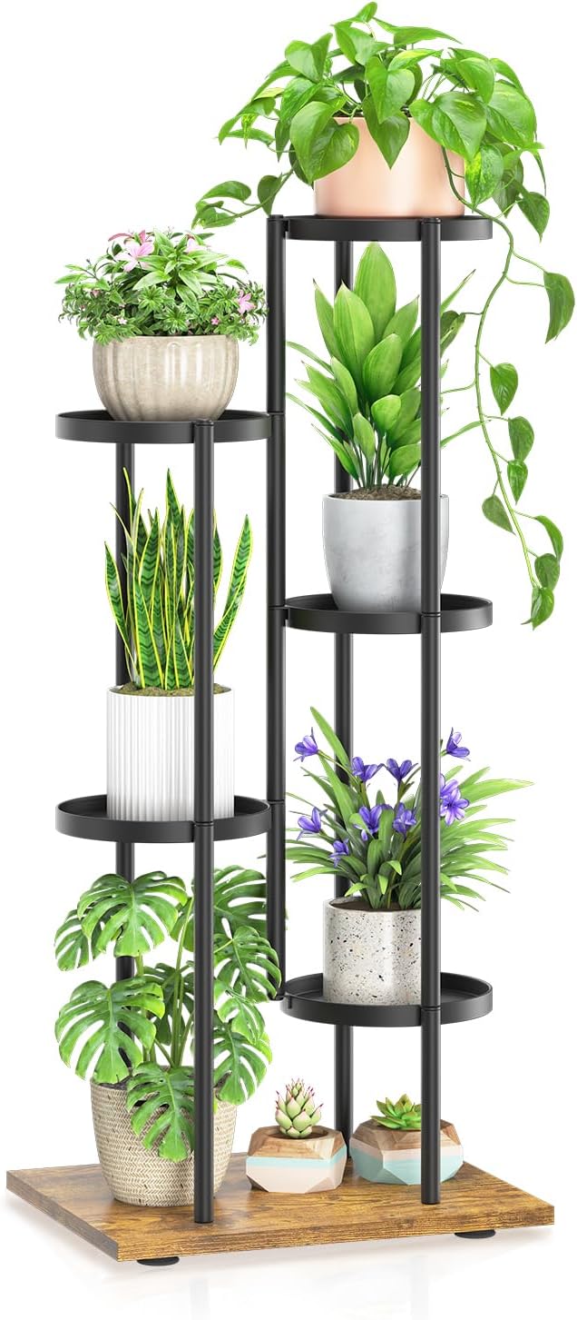 LASZOLA Black 5 Tier Plant Stand Indoor Heavy Duty Metal Planter Flower Holder Rack, Multi Modern Narrow Organizer, Floor Vertical Tower, Spiral Sturdy Decorate for House Bathroom Office Living Room