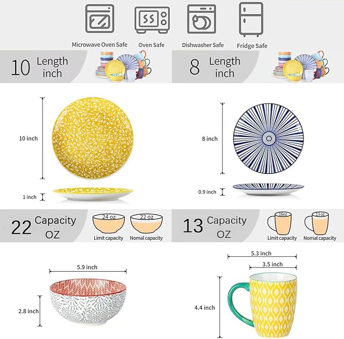 Selamica Ceramic Dinnerware Sets for 6, 24 Piece Plates and Bowls Sets, Scratch Resistant Dishes Set-Dishwasher & Microwave & Oven Safe, Assorted Colors A