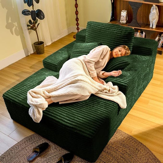67" Oversized Chaise Lounge Chair Indoor, Cloud Couches for Living Room, Corduroy Sleeper Sofa Bed, No Assembly Required, Deep Seat Lounge Chair with Pillows Green