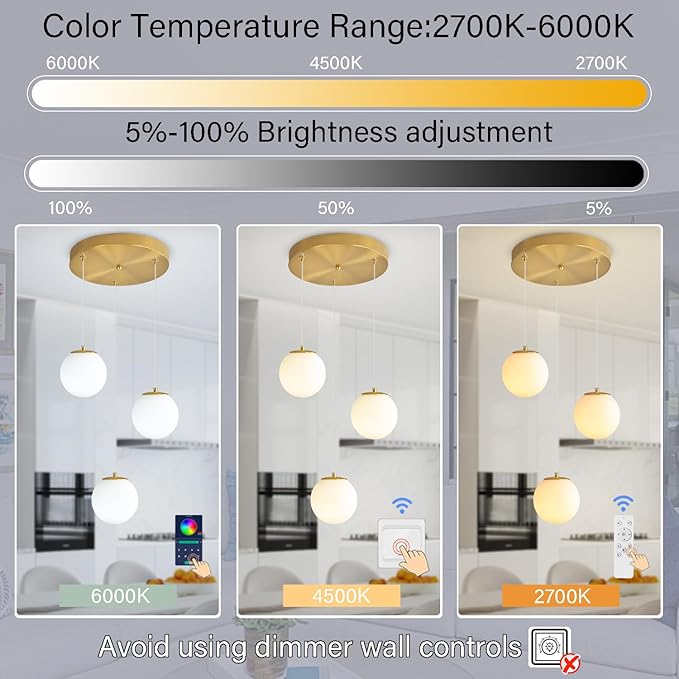 3-Lights Globe Glass Pendant Light Modern Gold White Globe Glass Chandelier Mid Century Chandelier Hanging Fixture for Kitchen Island Foyer Hallway Dining Room