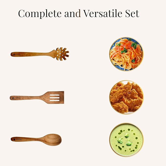 NAZANIN 9-Piece Natural Acacia Wood Kitchen Utensil Set with Holder & Spoon Rest, Wooden Spoon Set for Nonstick Pans & Cookware, Durable, Lightweight, Heat Resistant, & Non-Scratch Cooking Spoons