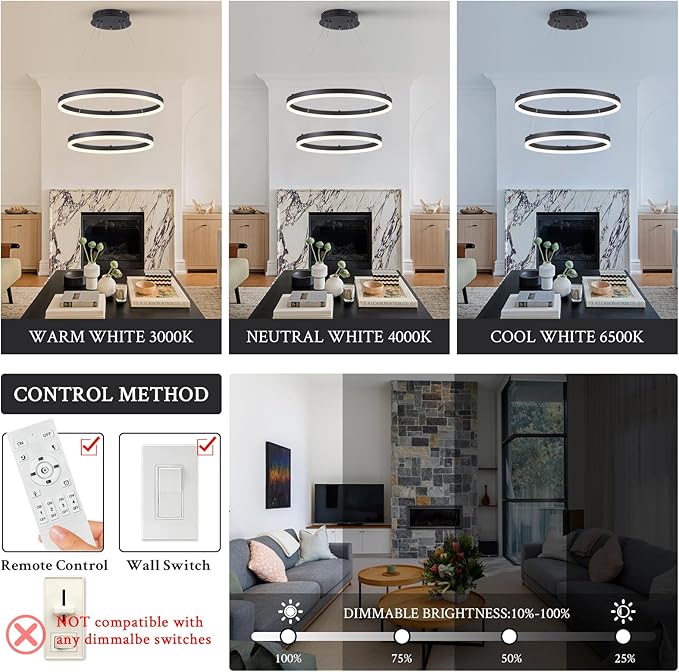 Modern LED Chandelier Black 2-Rings Pendant Light Circular Flush Mount Ceiling Chandelier Lighting with Remote Control for Bedroom Living Room Dining Room Entrance, 3000K-6500K