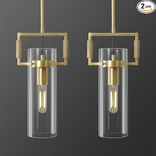 Brass Pendant Lights Kitchen Island, Modern Gold Pendant Lights 2 Pack,12Inch Glass Knurled Kitchen Pendant Lighting Over Island,Farmhouse Island Lights For Kitchen Sink,Bathroom,Bedroom,Dinning Table