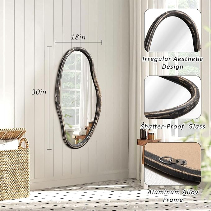 JJUUYOU Asymmetrical Wall Mirror Irregular Mirrors for Wall Modern Wood Frame Unique Vanity Mirror Shaped Dressing Mirrors Decor for Living Room Bathroom Bedroom Entryway Large 30"x18"
