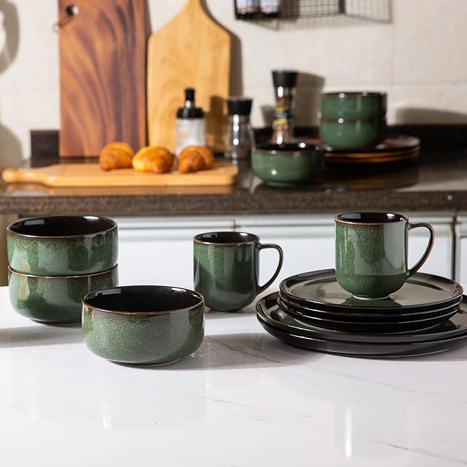 LERATIO Ceramic Dinnerware Set for 4, Poreclain Plates, Bowls, Handmade Reactive Glaze Dishes, Chip Resistant, Oven & Dishwasher Safe, Service for 4