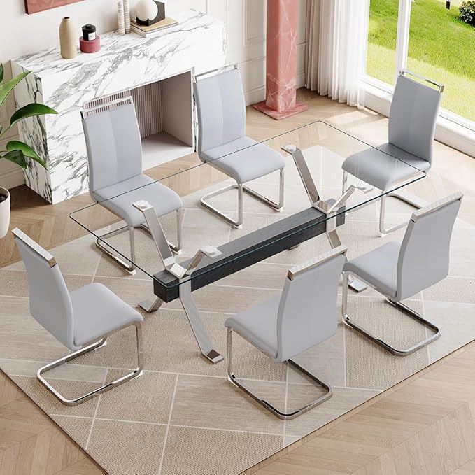 7 Piece Glass Dining Table Set, Kitchen Table Chairs Set for 6, 71'' Dining Table with 0.4" Tempered Glass Tabletop with Plated Metal Legs and MDF Crossbar, 6 PU Chairs for Dining Room, Kitchen.