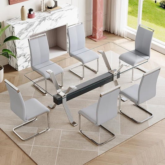 7 Piece Glass Dining Table Set, Kitchen Table Chairs Set for 6, 71'' Dining Table with 0.4" Tempered Glass Tabletop with Plated Metal Legs and MDF Crossbar, 6 PU Chairs for Dining Room, Kitchen.