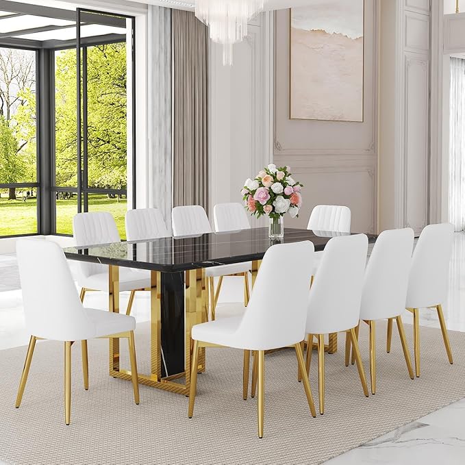 TesNus 79" Black Dining Table Set for 10 with Chairs,Large Faux Marble Kitchen Table and Chairs Set Rectangular 11 Piece Dining Room Set with Gold Metal Legs,Modern Design,Easy Assemble,Stable Base