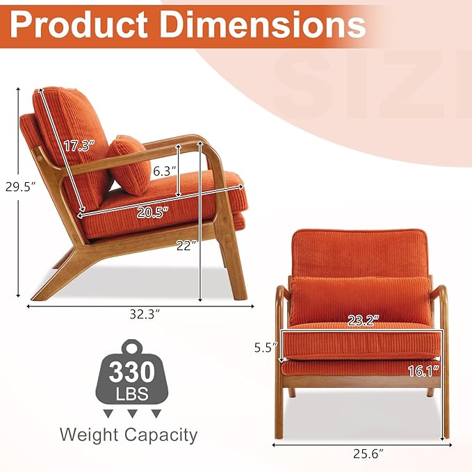 Karl home Mid-Century Modern Accent Chair, Living Room Chairs with Pillow Corduroy Upholstered Lounge Armchair with Solid Wood Frame & Soft Cushion for Bedroom, Reading Room, Orange