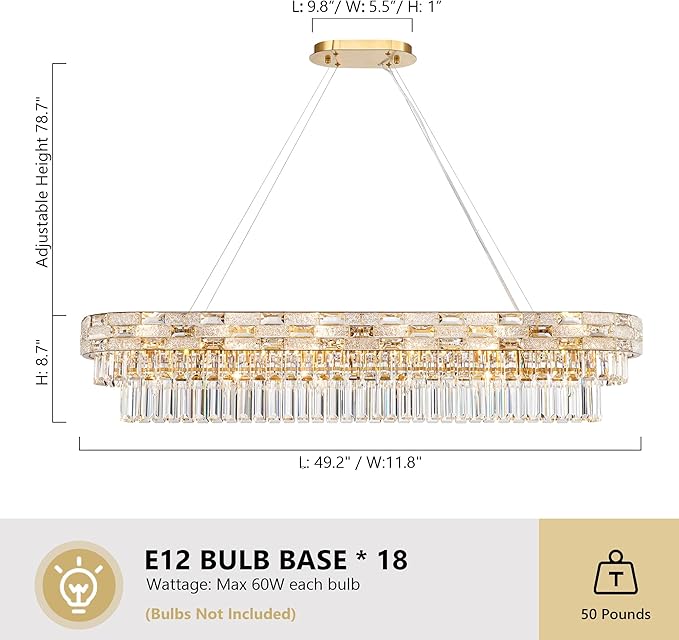 49.2" L Modern Crystal Chandeliers for Dining Room 18 Lights Gold Chandelier Large Rectangle Crystal Chandelier Pendant Light Fixture Kitchen Entryway Living Room 49.2" L x 8.7" H