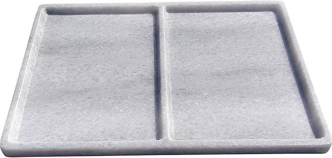 10"x8" Natural Marble Decorative Tray – Dual‑Compartment Stone Vanity Organizer for Jewelry, Keys & Soap – Premium Heat‑Resistant Bathroom Decor Gift(Belken White)