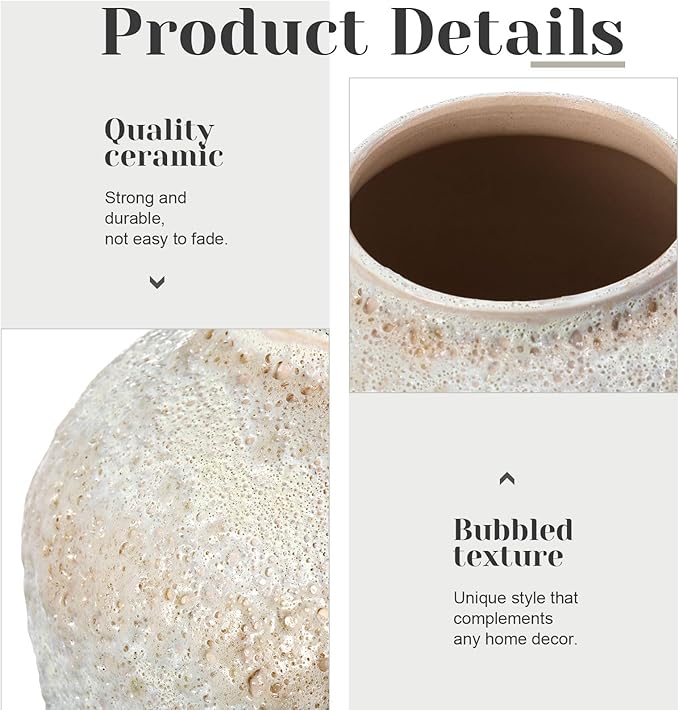 White Ceramic Decorative Flower Vase 8.27" x 8.66" Textured Round Rustic Pottery Vintage Large Vase for Home Decor Centerpieces Living Room Christmas Decoration