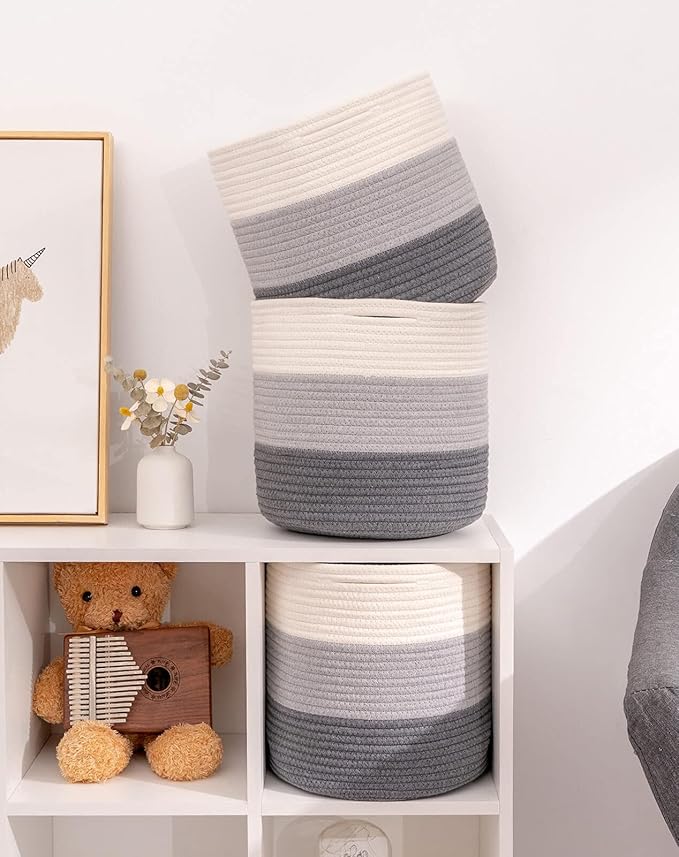 voten Woven Cotton Rope Round 11x11x11'' Storage Cubes Baskets Bins Organizer, 3-Tone Gray, 3-Pack