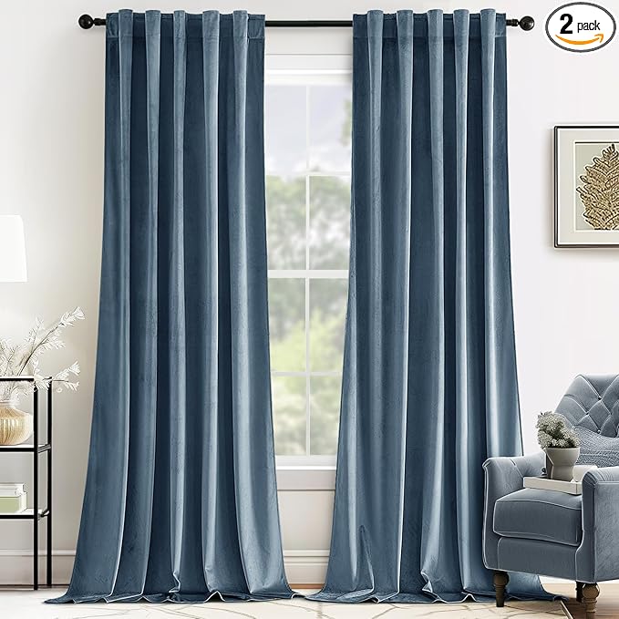 MIULEE Velvet Curtains 90 inches - Luxury Blackout Curtains for Bedroom Living Room Thermal Insulated Super Soft Window Drapes Rod Pocket & Back Tab, Stone Blue, W52 x L90 inches, 2 Panels