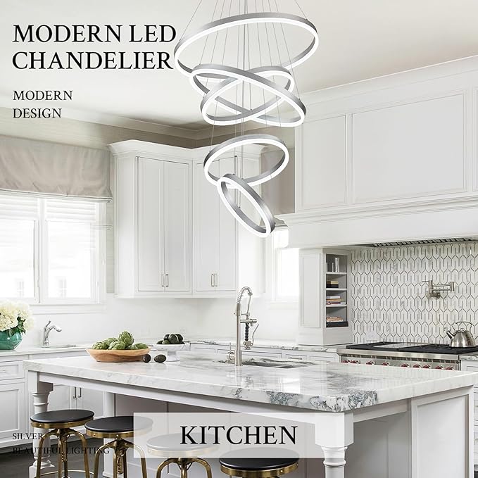 Modern LED Chandelier for Foyer Dimmable Silver High Ceiling Chandeliers Foyer with Remote Control for Entryway Dining Room Living Room Staircase, 3000K-6500K(5-Rings D23.6’’)