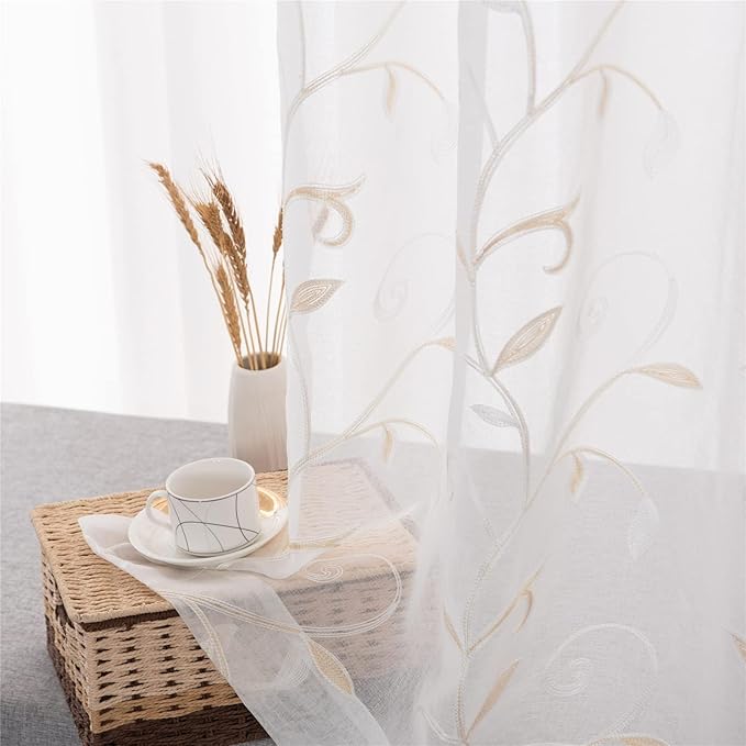 VISIONTEX Sheer Voile Curtains, Decorative Beige Leaves Embroidery Faux Linen Rod Pocket Window Drapes for Home Kitchen, Living Room and Bedroom 54 x 54 Inch, Set of 2 Curtain Panels