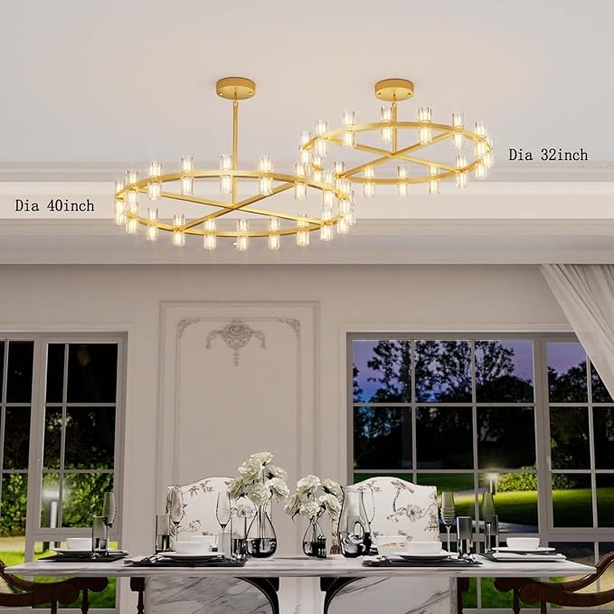 D40 Gold Wagon Wheel Chandelier Modern 40-Lights Gold Round Chandeliers Glass Chandeliers for Dining Room,Living Room Vintage Chandelier