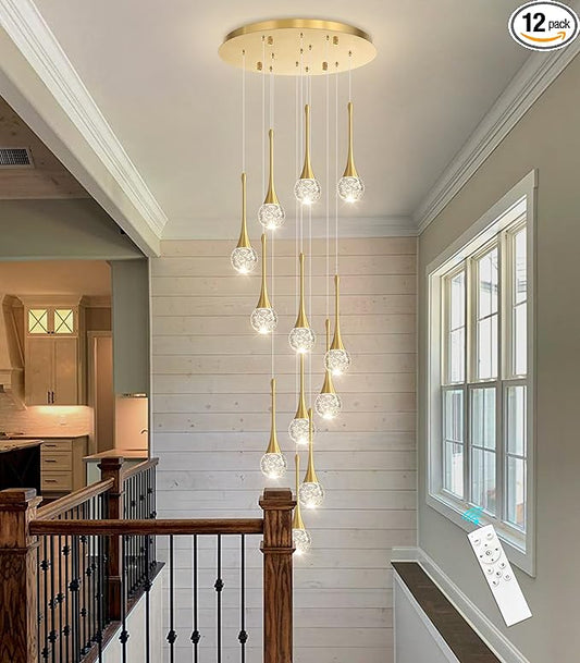 118 inches Modern Glam Crystal Chandelier for High Ceiling LED Dimmable Ceiling Pendant Light Staircase Foyer Enterway Living Room Chandelier Lighting Antique Gold 12 Lights