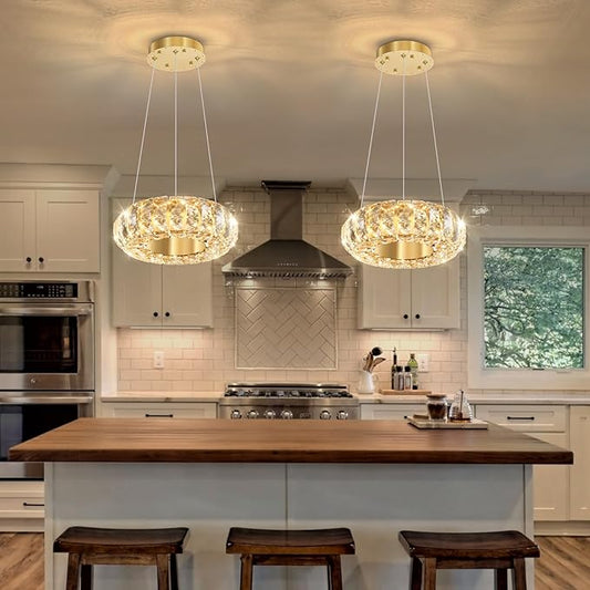 8" Ring Modern LED Dimmable Crystal Chandelier Adjustable Height Pendant Light Round Crystal Chandelier Light Fixtures for Dining Room Living Room Kitchen Island Gold