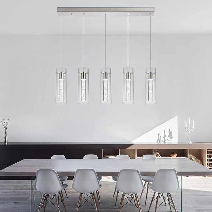 Modern Kitchen Lighting Pendant Fixtures 5-Light LED Pendant Ceiling Fixture Brushed Nickel Bubble Cylinder Pendant Light with Adjustable Length for Kitchen Island Dinning Room Bedroom