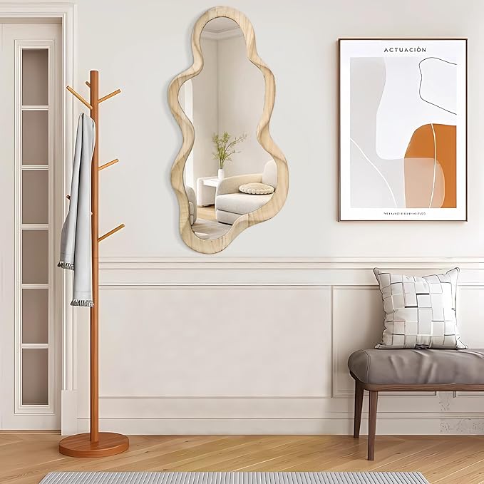 Asymmetrical Mirror Large Irregular Wall Mirror Modern Wood Frame Unique Artistic Mirrors Cute and Stylish Cloud Wavy Mirror Decorative for Cloakroom Bedroom Living Room Bathroom Entryway