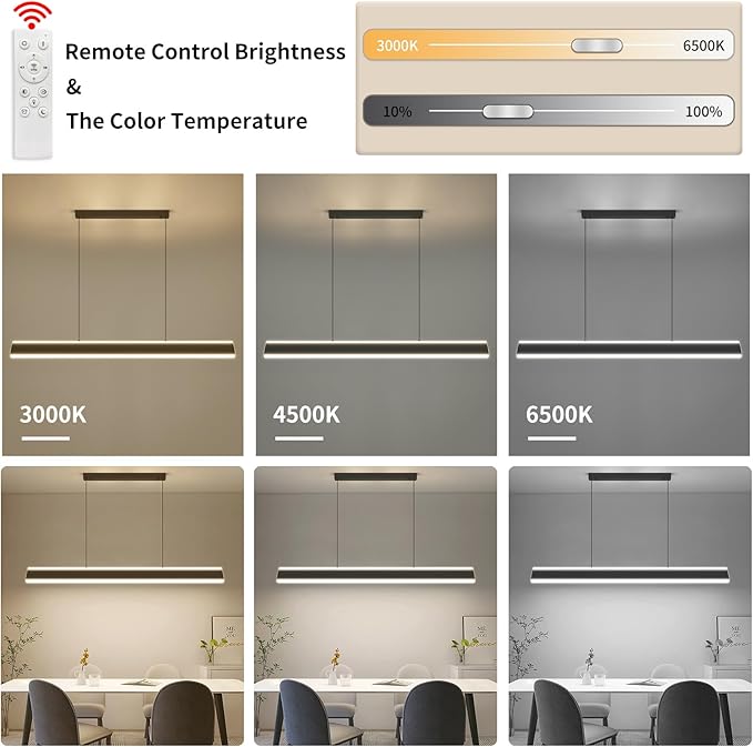 Linear Pendant Lights Kitchen Island, Dimmable LED Chandeliers for Dining Room, Modern Billiard Room Pool Table Light Ceiling Pendant Lamp for Bar Office, Black, Adjustable Height