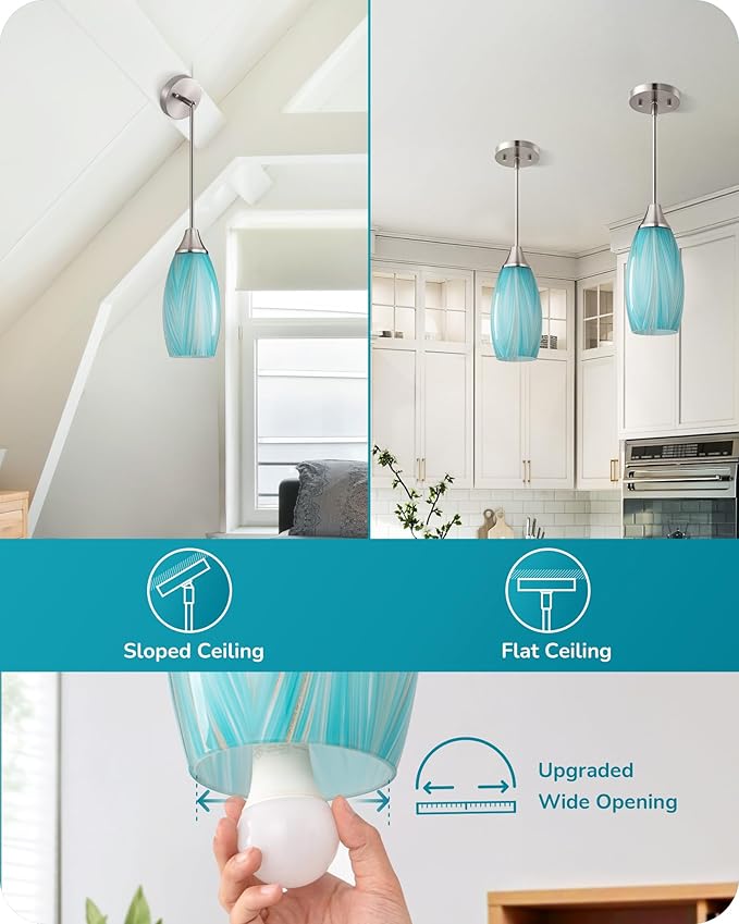 EDISHINE Pendant Lights Kitchen Island, Blue Handcrafted Art Glass Hanging Light, Blown Glass Pendant Light Fixtures Teal with Gold, Adjustable Brushed Nickel Rods, Hardwired Over Island Bar E26