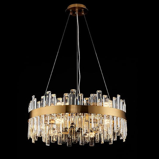 Round Crystal Chandeliers, D23.6 inch 12-Light Brass Gold Chandelier Lighting Fixture, Height Adjustable Pendant Ceiling Light for Living Room Dining Room Bedroom