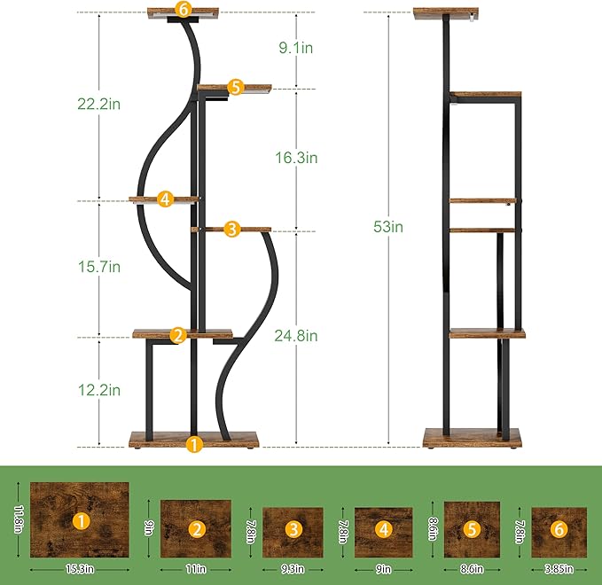 JUSTOGO 53'' Plant Stand Indoor with Grow Lights - 6 Tiered Metal Plant Shelf for Multiple Plants, Corner Rack and Home Decor, Flower Display Rack for Garden, Patio, Living Room