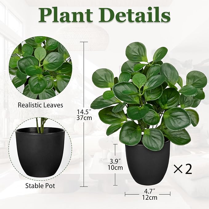 14.5" Artificial Plants Indoor Home Decor, Fake Potted Silk Plants for Shelves Living Room Decor, Small Artificial Office Desk Plants in Pots, Faux Peperomia Hope Tropical House Plant, Sets of 2
