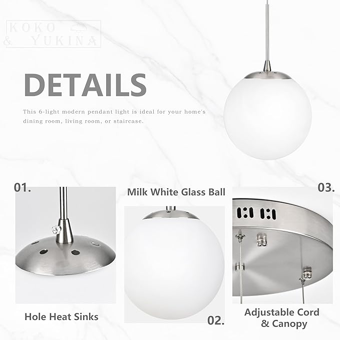 KoKo&Yukina 10 Light Globe Pendant Light Adjustable Hanging Light Staircase Chandelier Milk Glass Pendant Lights with Milky White Glass Shade Globe Lights for Staircase