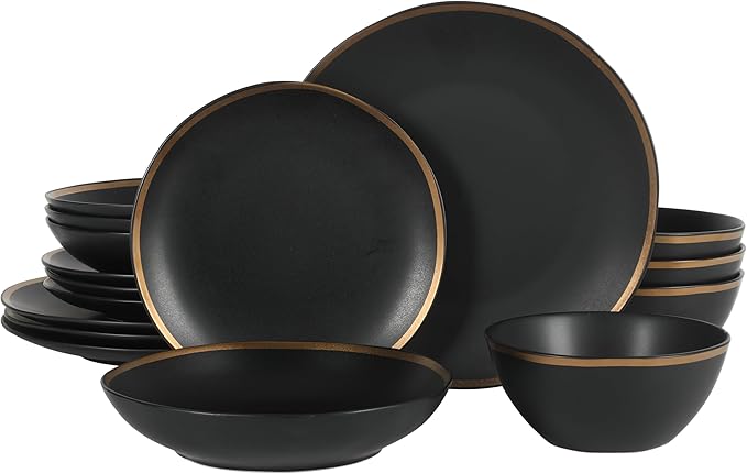 Gibson Elite Kings Road Double Plates and Bowl Organic Round Porcelain Dinnerware Set - Matte Black w/Gold Rim