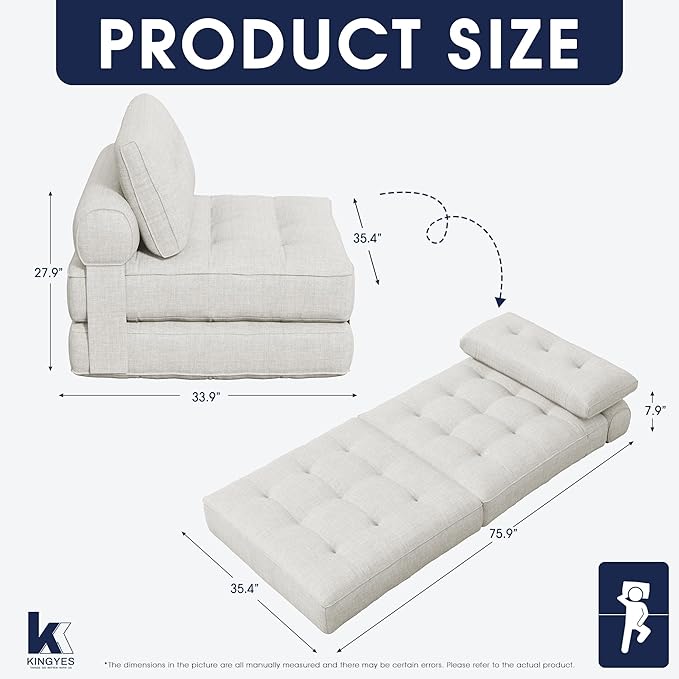 KINGYES Folding Sofa Bed, Convertible Sleeper Chair with Pillow, Foldable Single Futon Chair Floor Sofa Lounge for Living Room, Beige