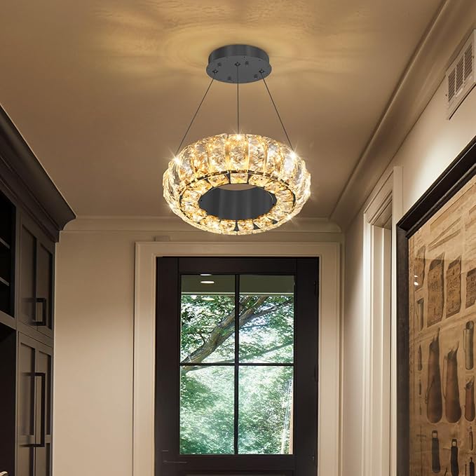 8" Ring Modern LED Dimmable Crystal Chandelier Adjustable Height Pendant Light Round Crystal Chandelier Light Fixtures for Dining Room Living Room Kitchen Island Black