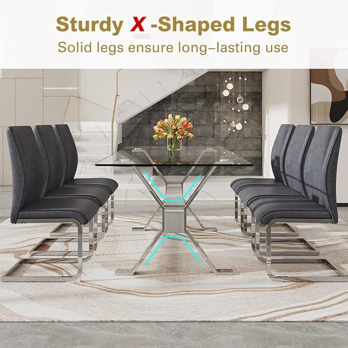 71'' Glass Dining Table Set for 6,7 Piece Dining Table Set with Tempered Glass Tabletop and Open‑Frame X‑Shaped Metal Base,Kitchen Table and Chairs Ideal for Dining Room&Home Office