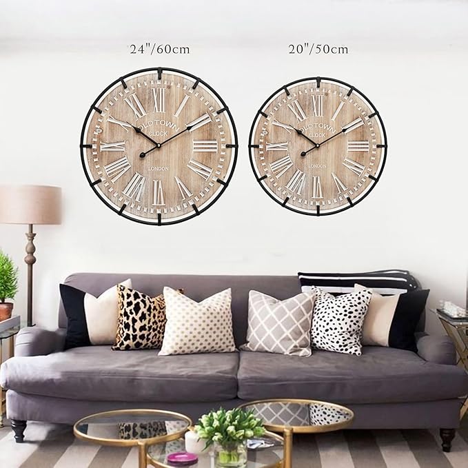 20 Inch Large Farmhouse Wall Clock, Rustic Antique Wood with Metal Circle and Large Engraved Numerals, Silent Battery Operated Wall Clock for Office Kitchen Bedroom Living Room